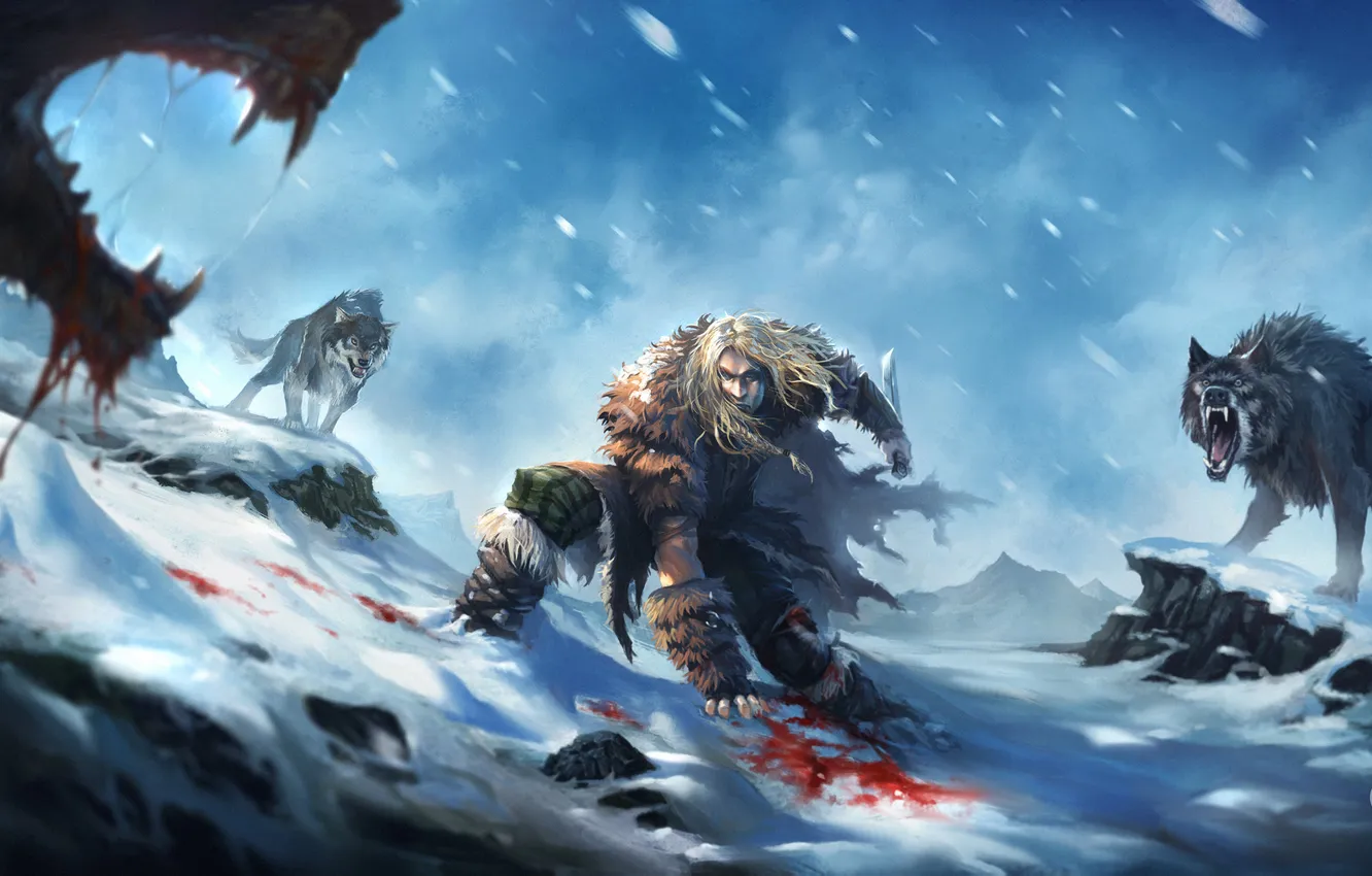 Фото обои зима, снег, оружие, кровь, арт, нож, волки, мех