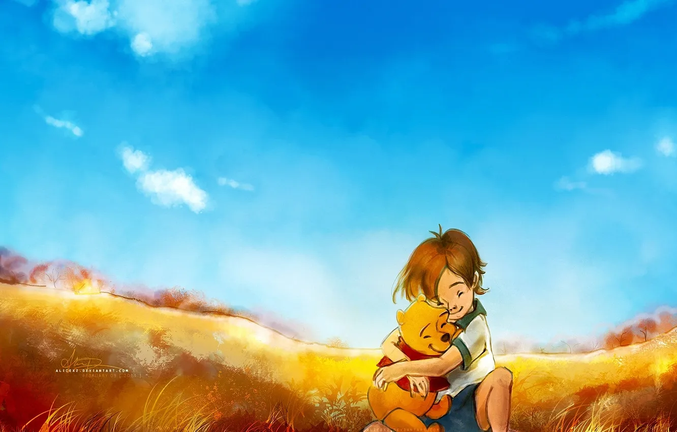 Фото обои поле, трава, облака, детство, мальчик, улыбки, объятие, винни