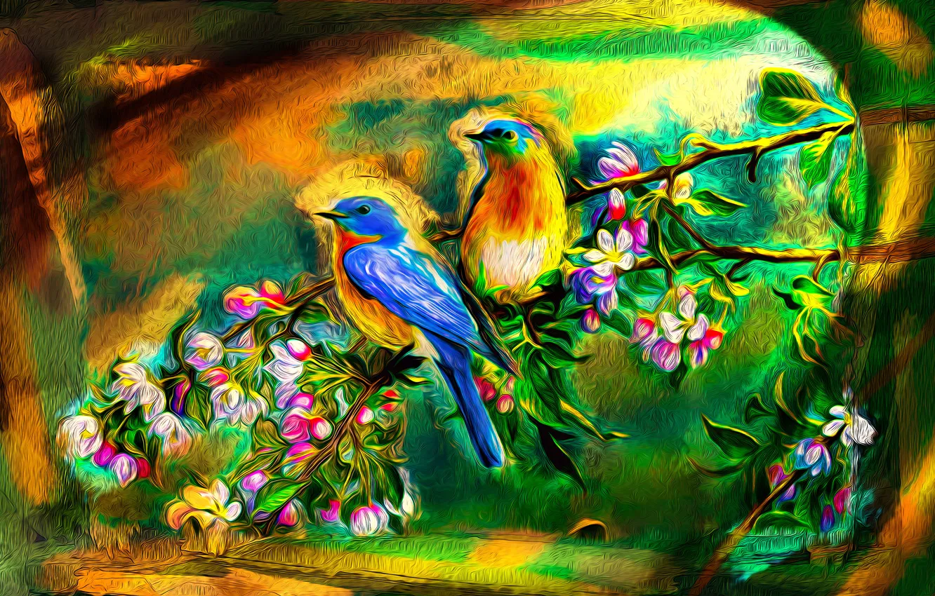 Фото обои цветы, птицы, ветка, арт