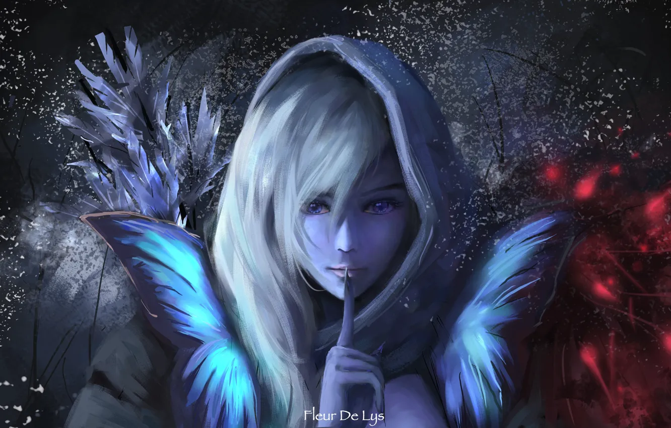 Фото обои взгляд, девушка, портрет, арт, капюшон, DotA 2