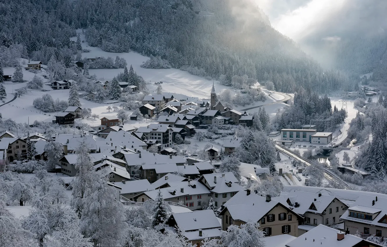 Фото обои зима, снег, дома, Швейцария, коммуна, Filisur, кантон Граубюнден