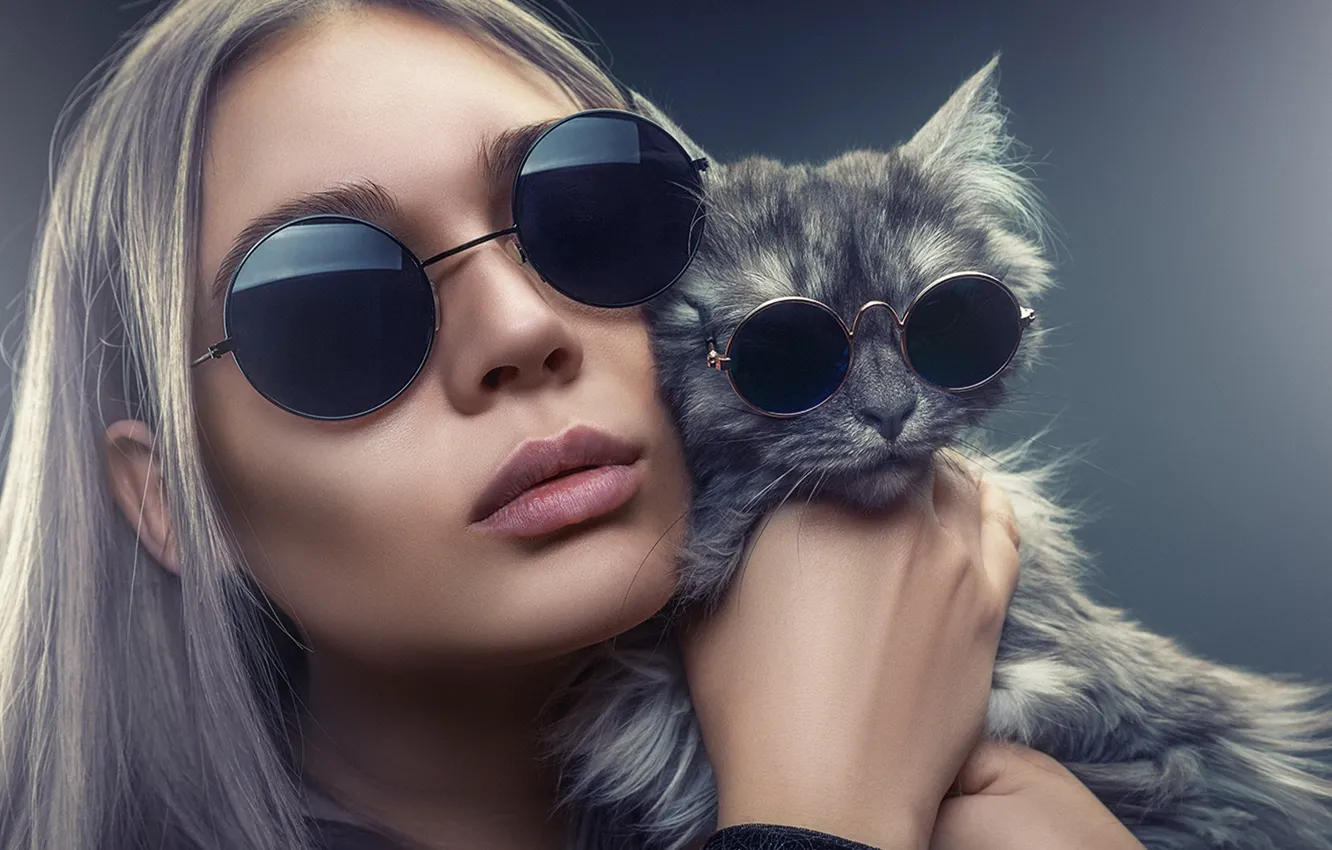 Фото обои girl, Cat Sunglasses, Face Sunglasses