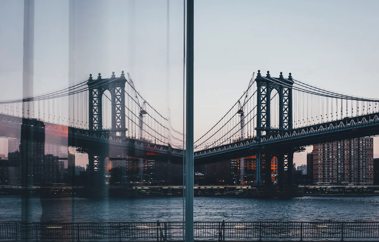 Фото обои мост, город, отражение, окно, США, Нью Йорк