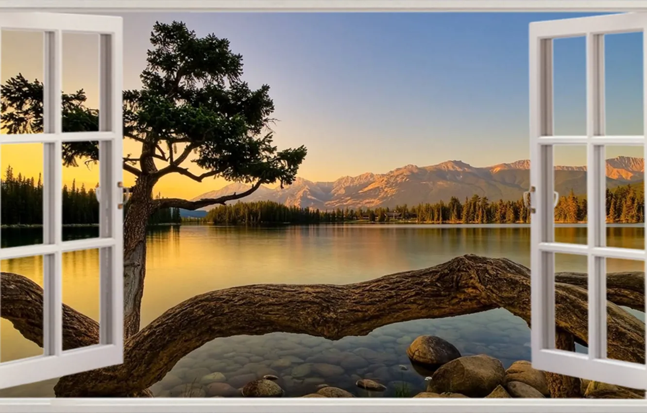 Фото обои Sunset, Mountains, Lake, Window