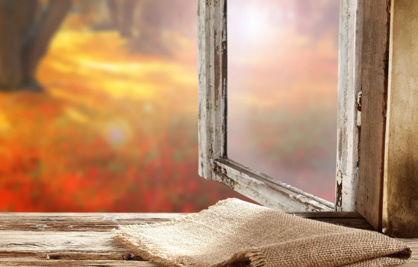 Фото обои осень, окно, подоконник, мешковина