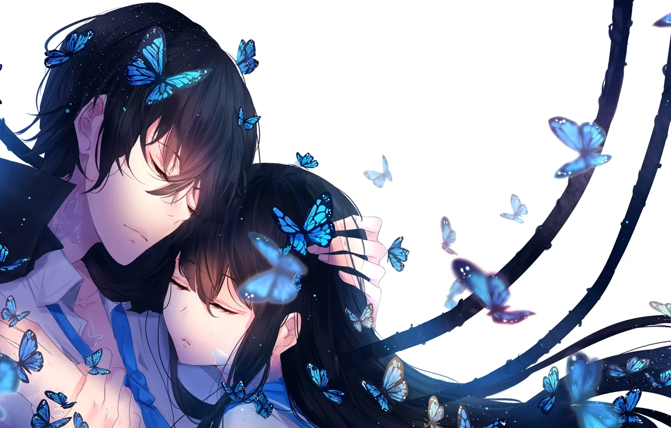 Фото обои девушка, бабочки, романтика, парень
