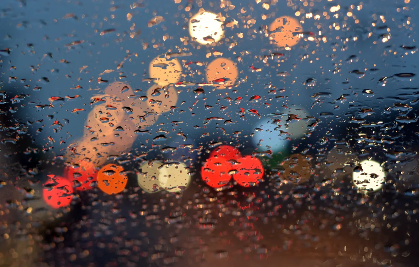 Фото обои стекло, вода, капли, lights, огни, дождь, rain, night
