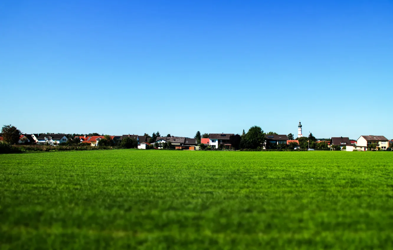 Фото обои поле, небо, трава, синий, деревня