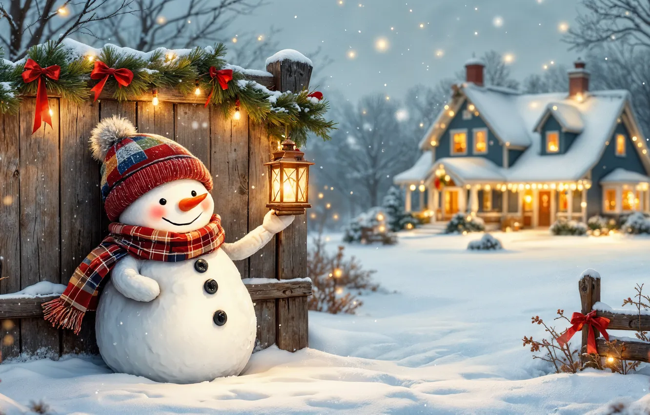 Фото обои зима, снег, украшения, Рождество, Новый год, снеговик, Christmas, winter