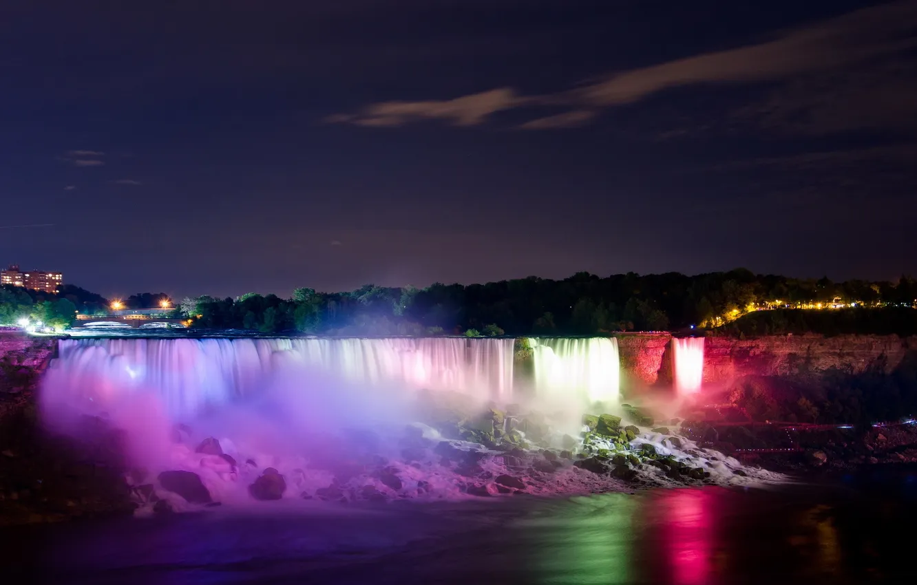 Фото обои ночь, река, водопад