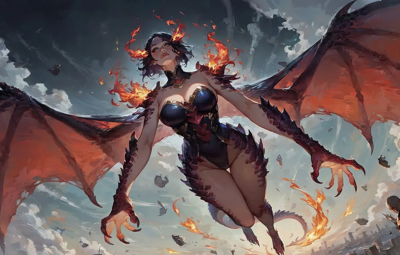 Фото обои девушка, огни, дракон, крылья, Летит