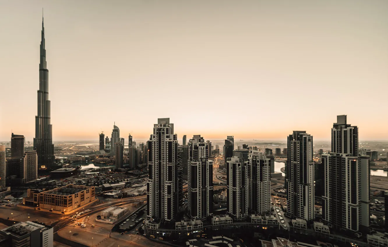 Фото обои закат, небоскребы, Дубаи, архитектура, ОАЭ, Бурдж-Халифа