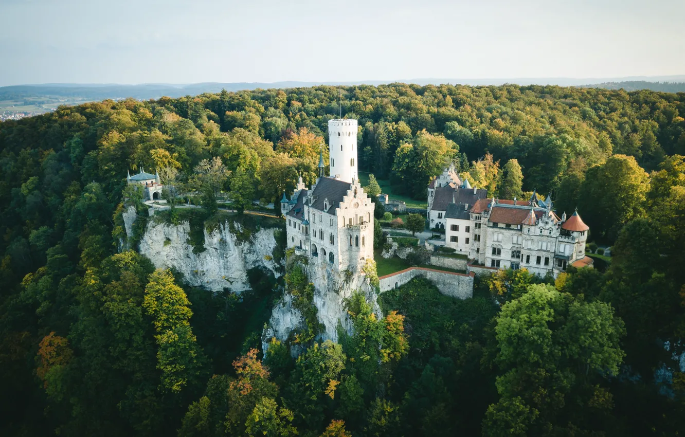 Фото обои осень, лес, скала, замок, Германия, Germany, Лихтенштайн, Lichtenstein