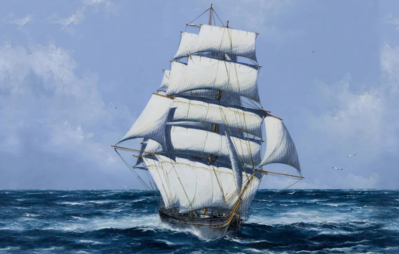 Фото обои Море, Рисунок, Корабль, Парусник, Мачты, Паруса, Чайки, Белые паруса