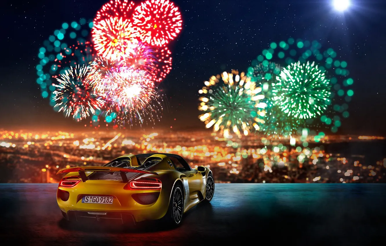 Фото обои Porsche, 918, Yellow, Supercar, Fireworks, Rear