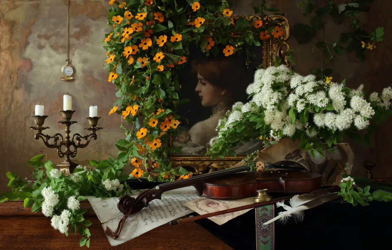 Фото обои цветы, перо, скрипка, часы, картина