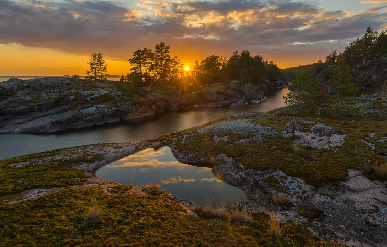 Фото обои закат, берег, водоем