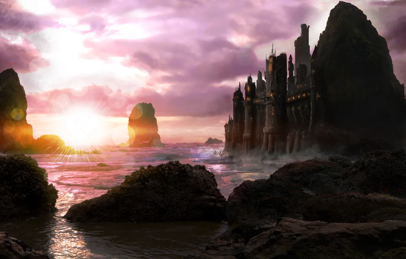 Фото обои море, закат, тучи, камни, замок, скалы, арт