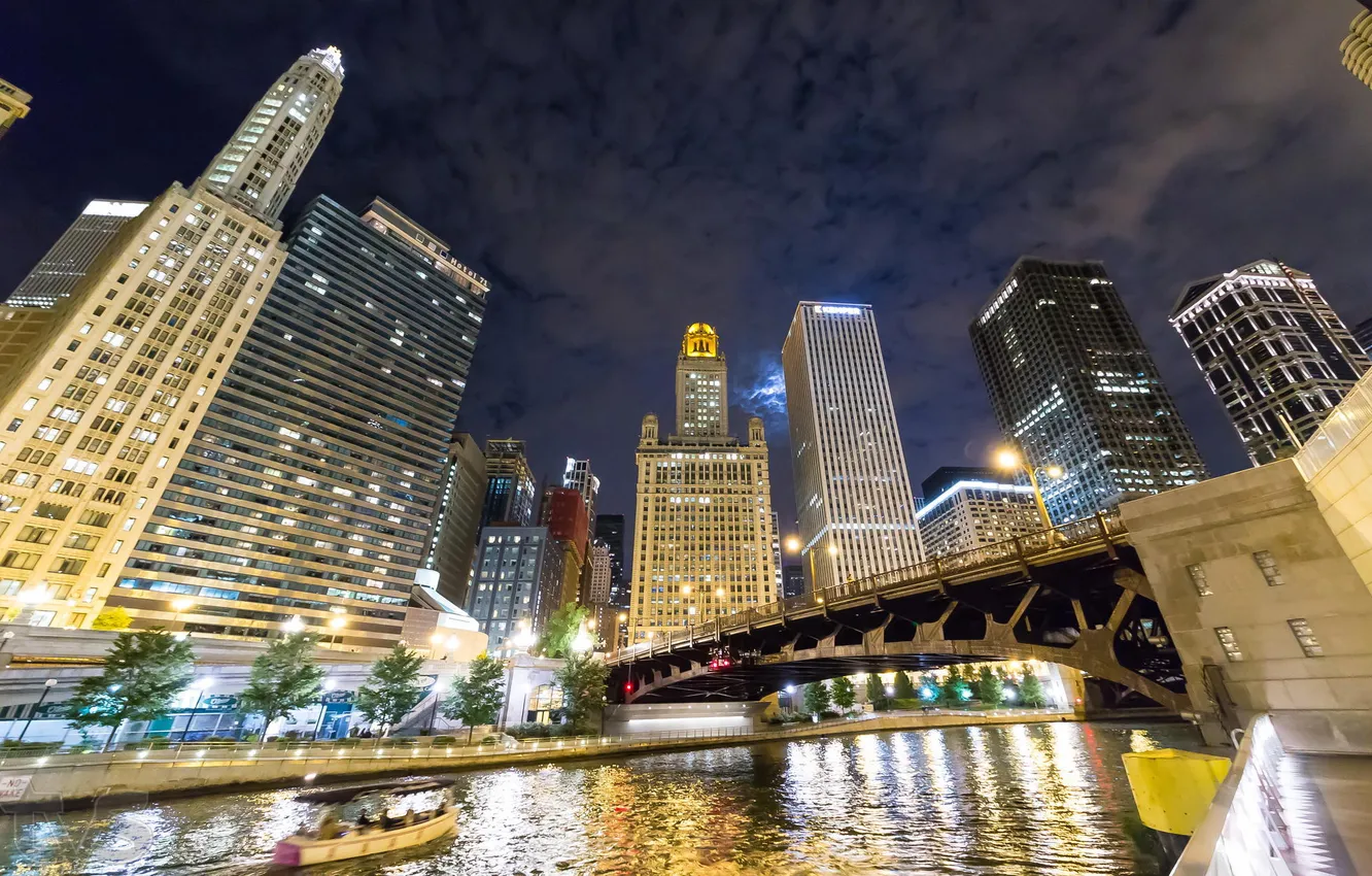 Фото обои вода, ночь, небоскребы, Чикаго, USA, Chicago, мегаполис, illinois