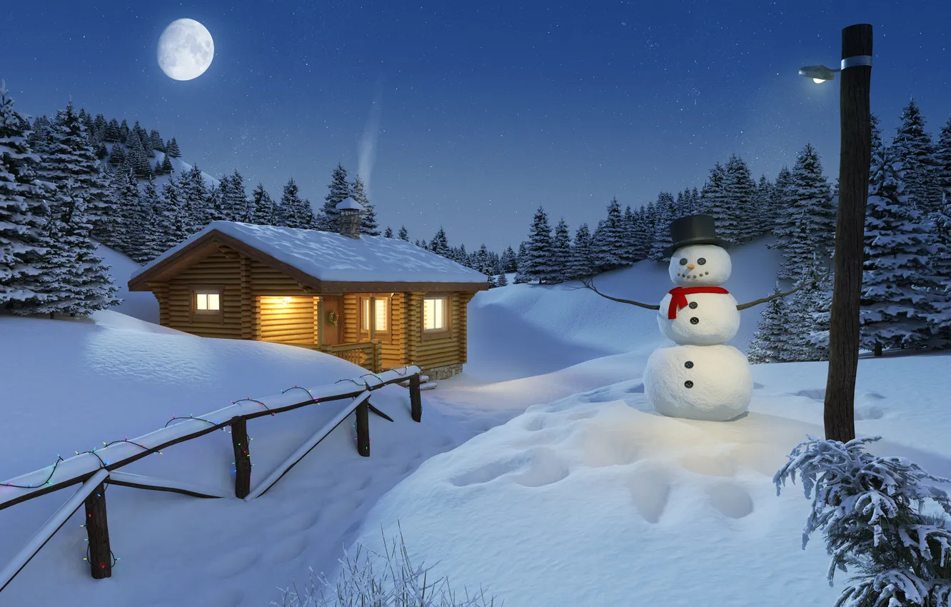 Фото обои лес, свет, снег, забор, Зима, Луна, домик, снеговик