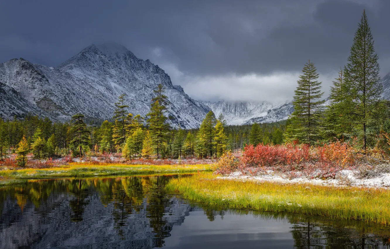 Фото обои облака, деревья, горы, озеро, красота, Живописный Пейзаж, Евдокимов Максим, Погожий денек