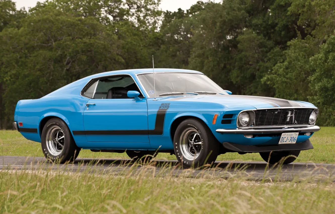 Фото обои дорога, синий, Mustang, Ford, Форд, Мустанг, Boss 302, 1970