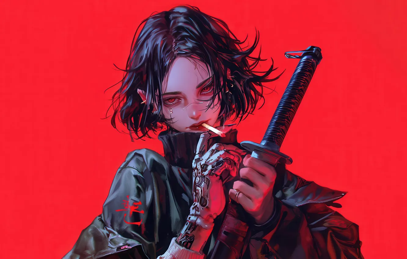 Фото обои Red Background, AI Generated, girl, smoking, Anime, AI Art, katana, Anime Girl