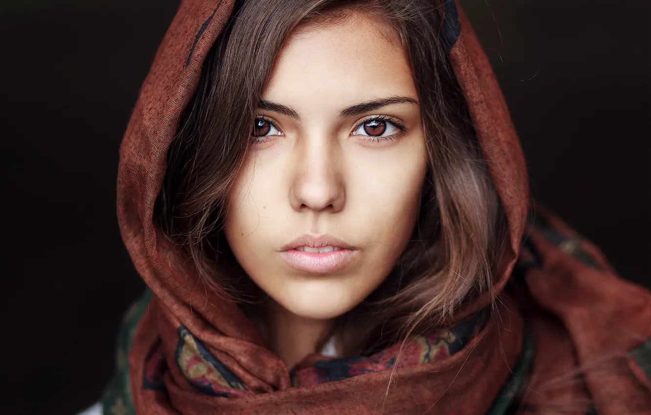 Фото обои глаза, взгляд, девушка, шарф, платок, кареглазая, Janibek Bakyt, Жанибек Бакыт