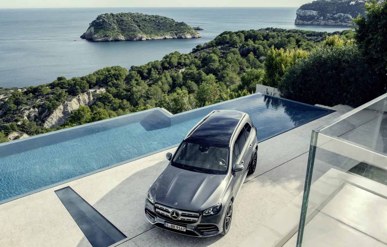 Фото обои машина, вода, Mercedes-Benz, кроссовер, GLS, полноразмерный внедорожник, 2019