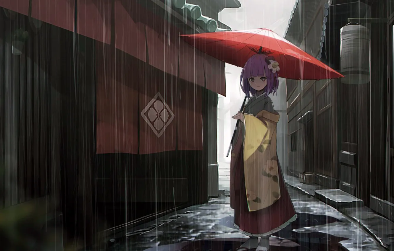 Фото обои girl, rain, dress, umbrella, anime, street, houses, Touhou
