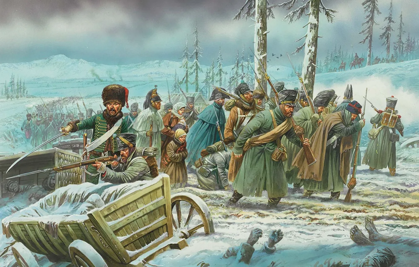 Фото обои зима, рисунок, Россия, отступление, войск, французких, Отечественная война 1812 года