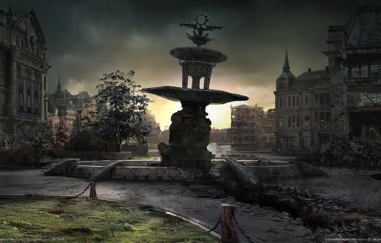 Фото обои город, газон, дома, площадь, фонтан, руины, gears of war 2