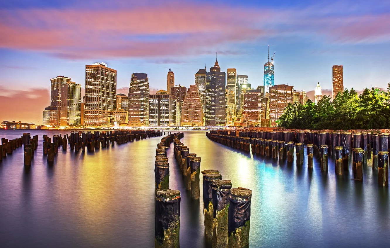 Фото обои город, огни, рассвет, небоскребы, USA, америка, сша, New York City