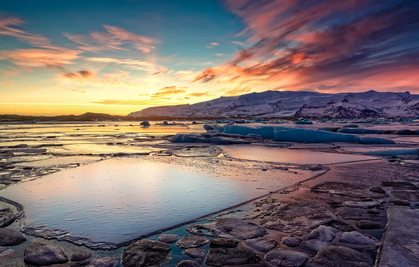 Фото обои зима, снег, природа, рассвет, Iceland, Jokulsarlon