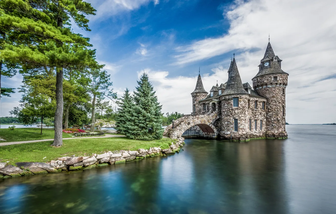 Фото обои озеро, замок, остров, Нью-Йорк, США, Alexandria Bay, Boldt Castle