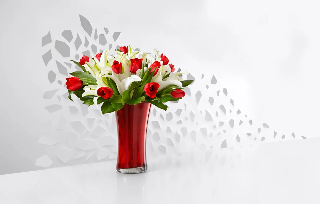 Фото обои лилии, букет, тюльпаны, ваза