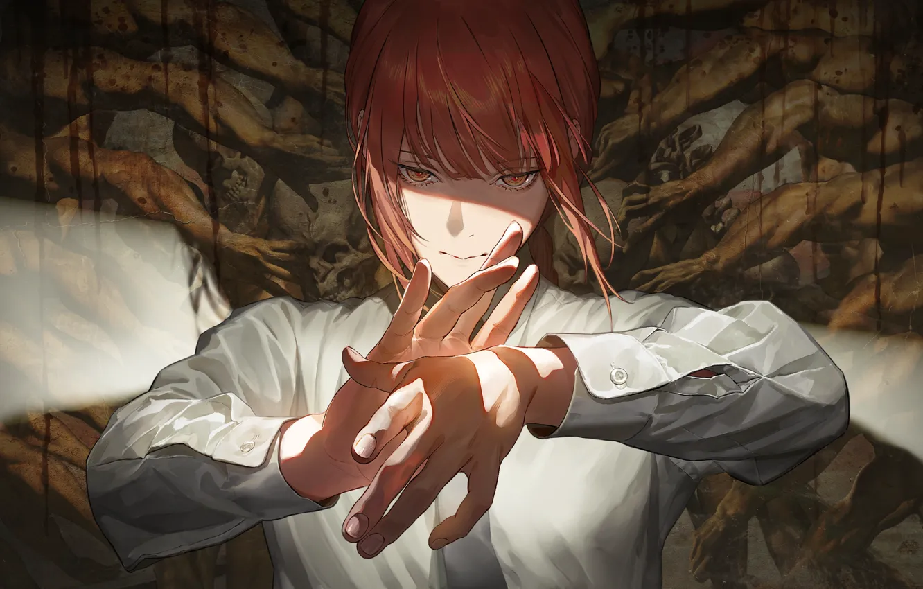 Фото обои девушка, череп, руки, Chainsaw Man, Makima