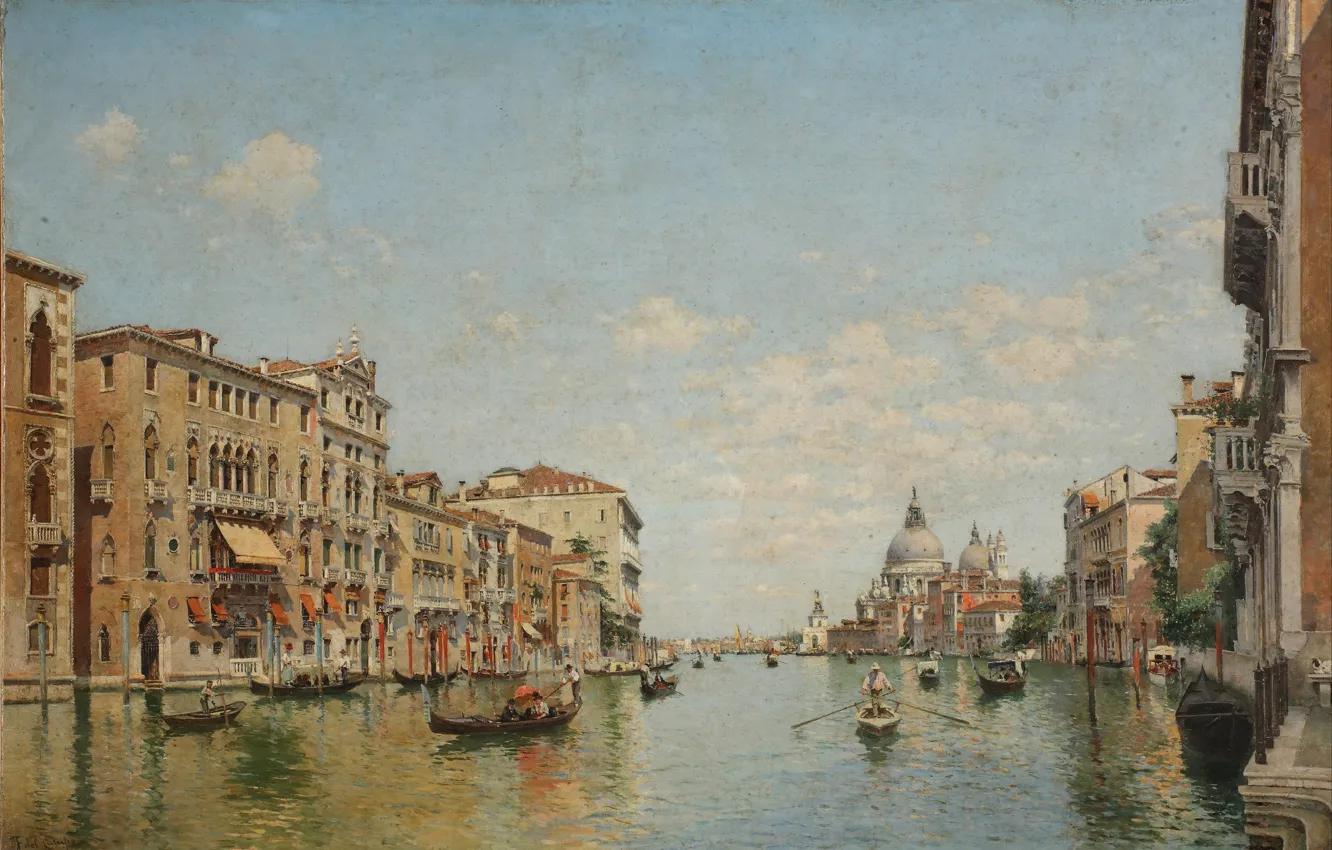 Фото обои облака, пейзаж, картина, лодки, арт, Италия, Венеция, канал