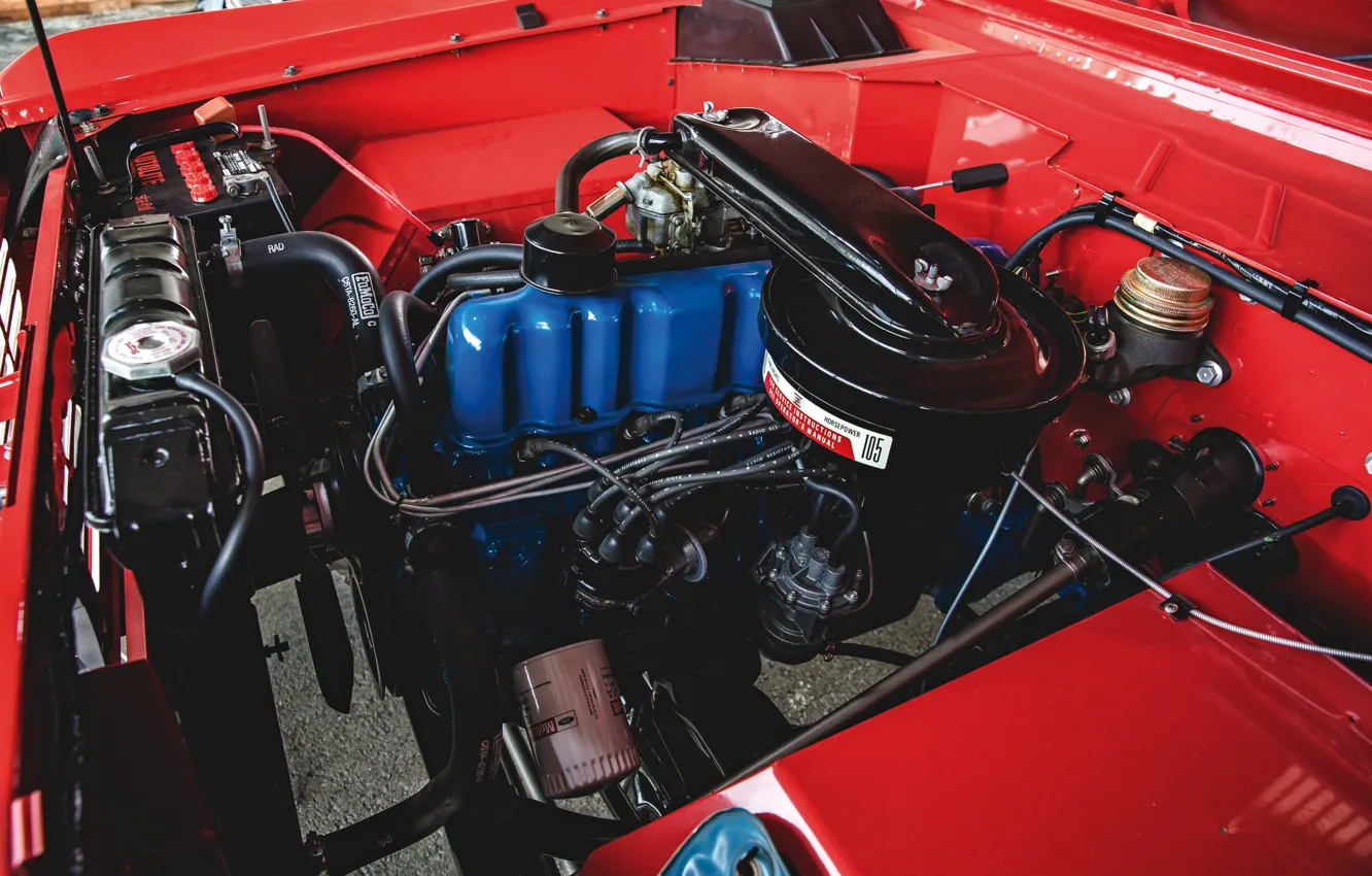 Фото обои красный, Roadster, Ford, 1966, Bronco, под капотом