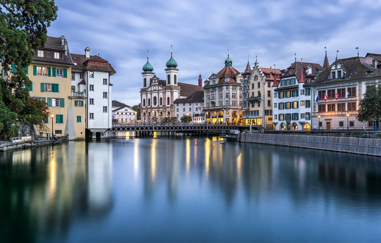 Фото обои мост, река, здания, дома, Швейцария, церковь, набережная, Switzerland
