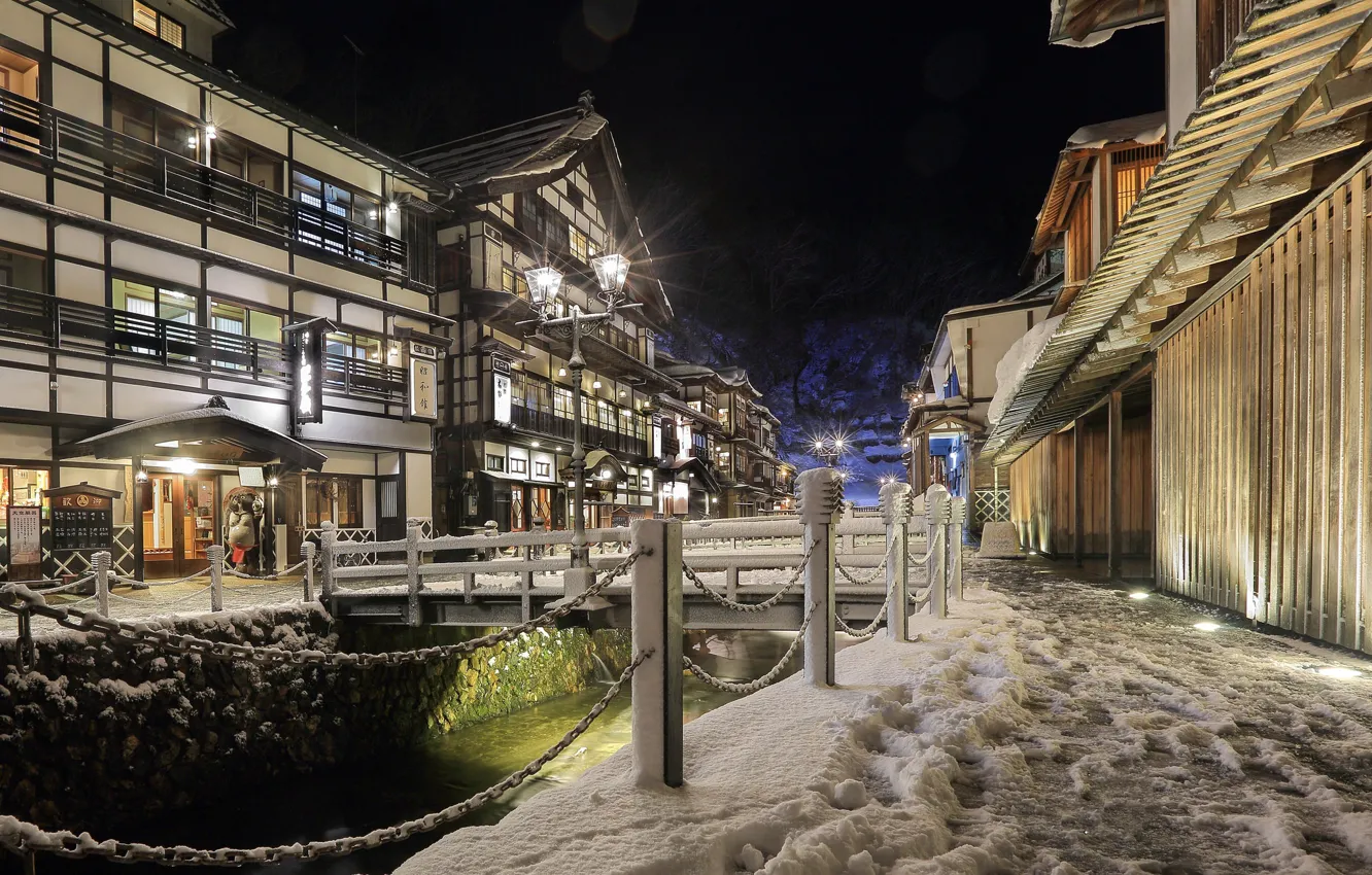 Фото обои снег, ночь, улица