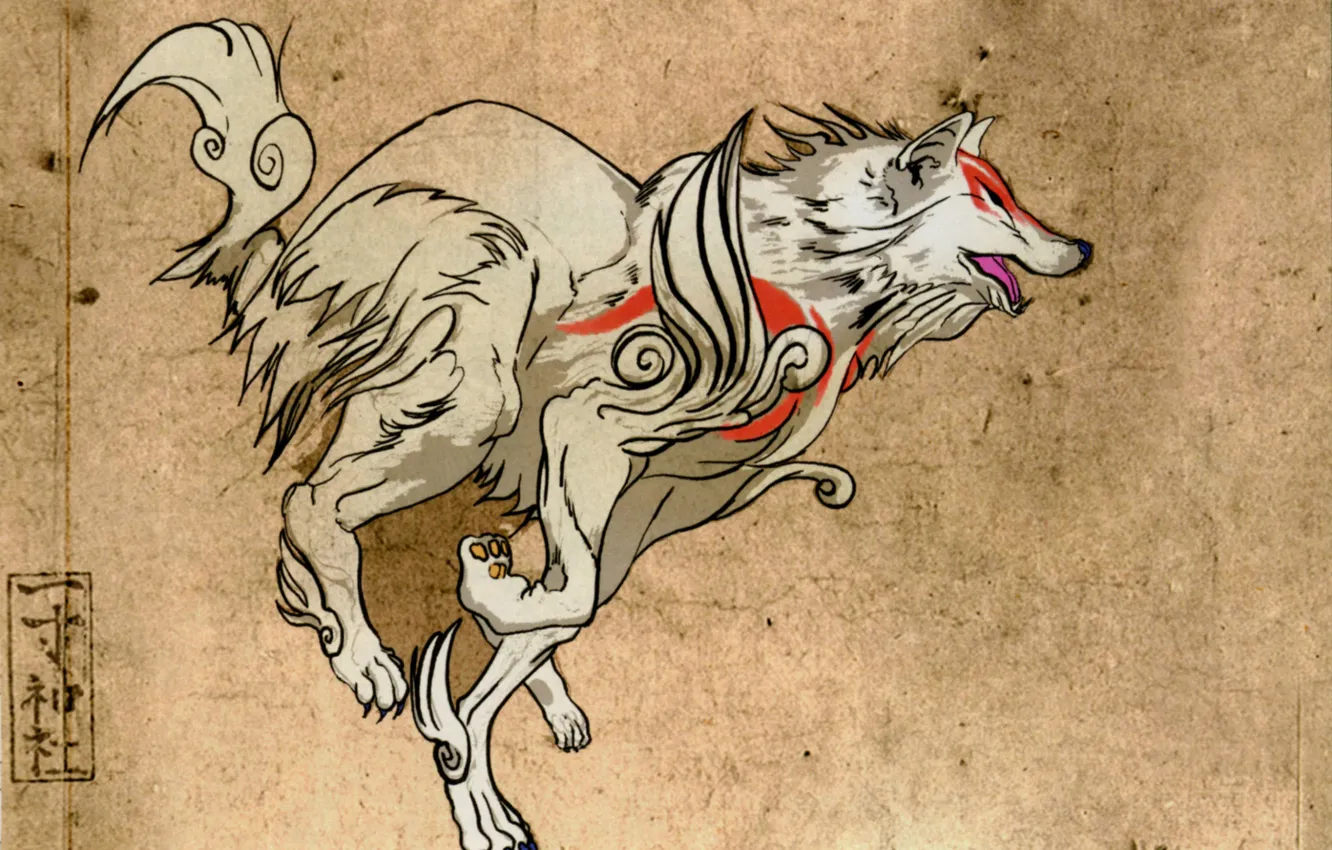 Фото обои прыжок, рисунок, волк, серый фон, божество, Okami, Amaterasu