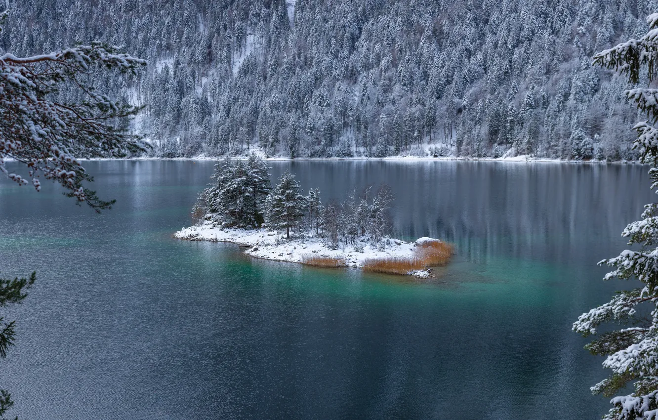 Фото обои зима, снег, пейзаж, природа, озеро, Бавария, островок, леса