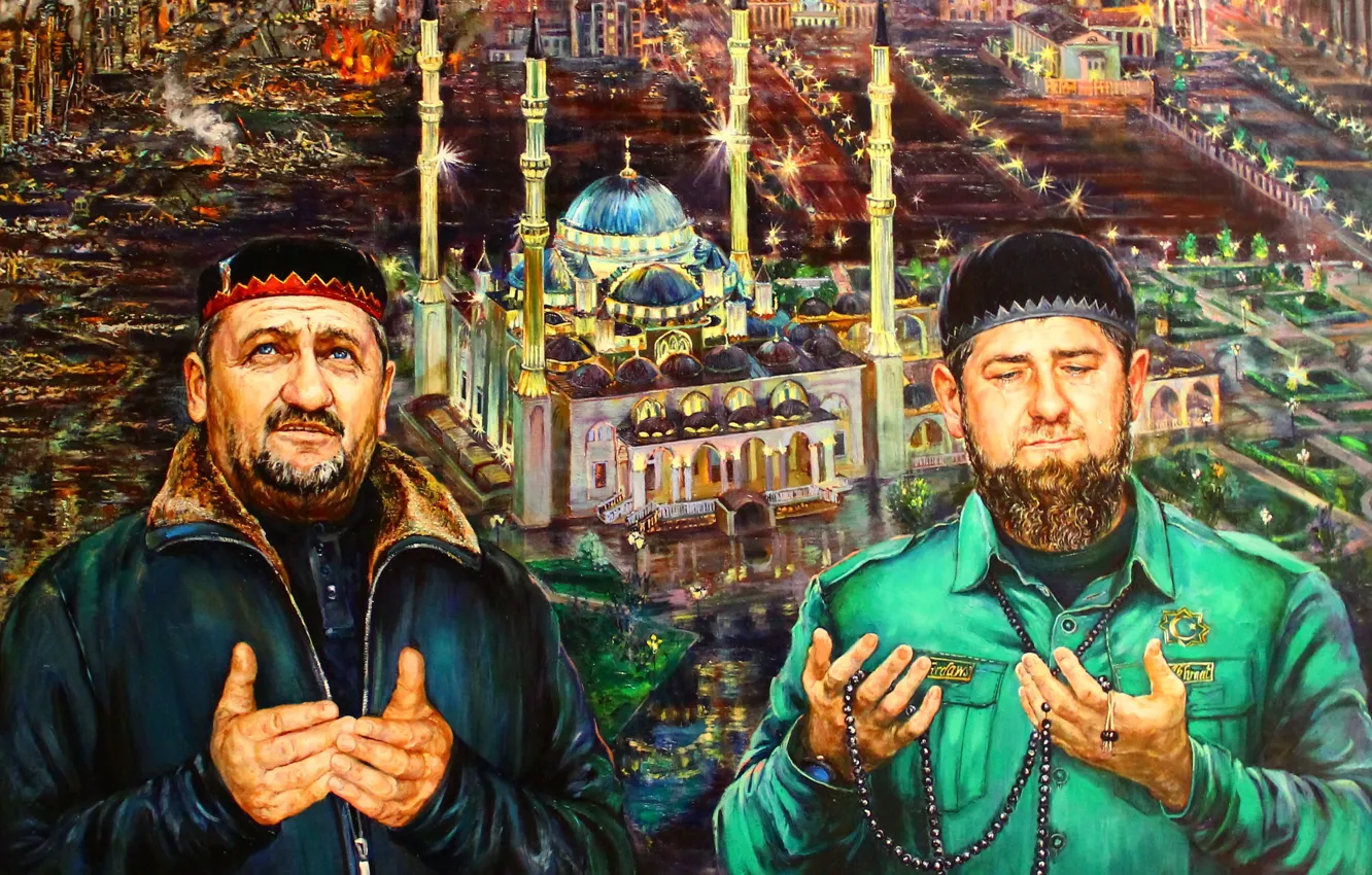 Фото обои Картина, Двое, Мужчины, Чеченская Республика, Рамзан Кадыров, Взор устремленный в вечность, Tatiana Ponomarenko-Leverash, Ахмат-Хаджи Кадыров
