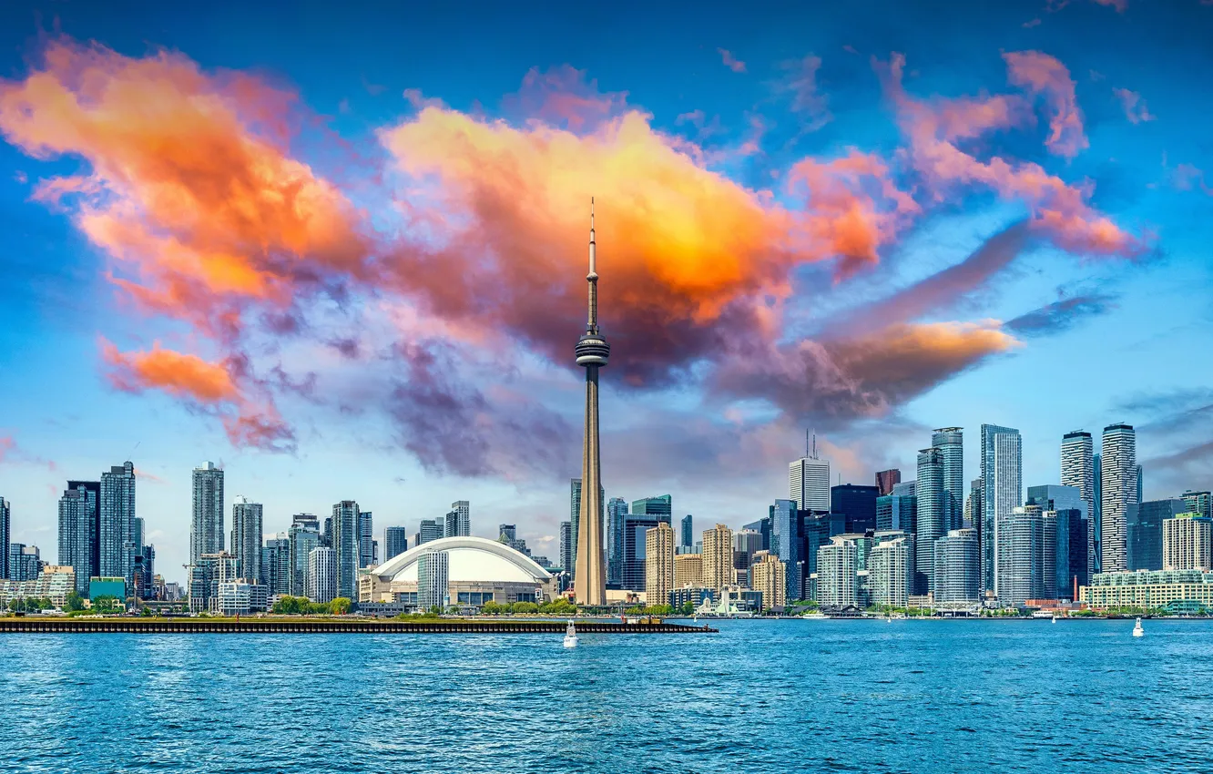 Фото обои облака, небоскребы, Канада, Торонто, Canada, Toronto, голубое небо, Lake Ontario