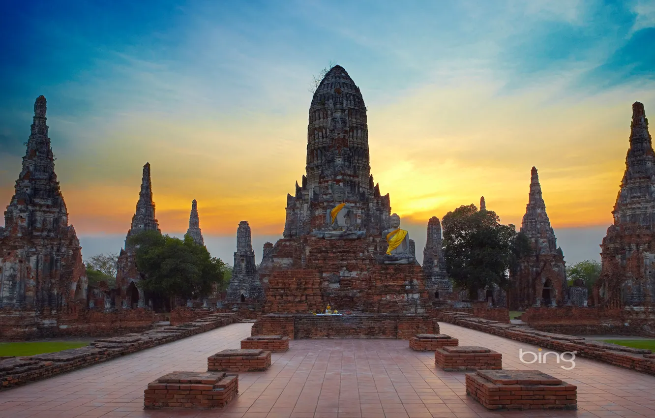 Фото обои небо, облака, Таиланд, храм, руины, будда, Аюттхая, Wat Chai Wattanaram