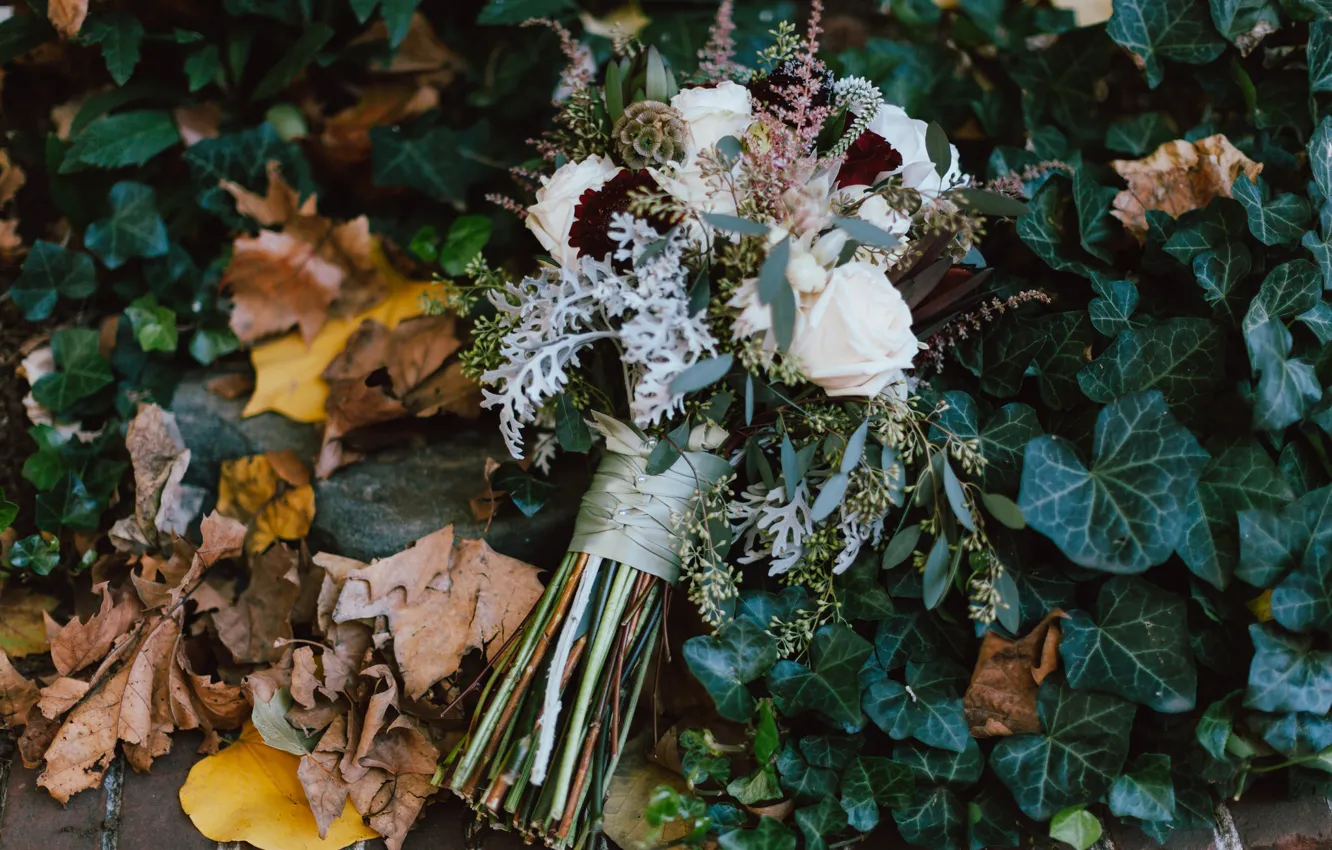 Фото обои осень, листья, цветы, розы, букет, свадебный