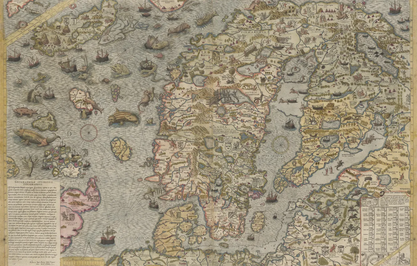 Фото обои География, 1572, Olaus Magnus, Олаус Магнус, Scandinavian peninsula, Карта моря, Map of the Sea, Скандинавский …