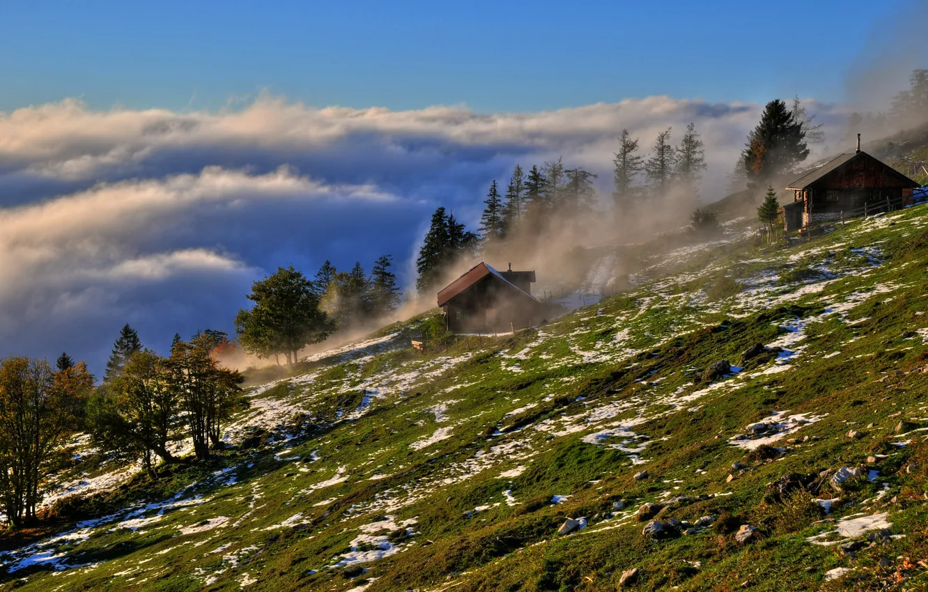 Фото обои небо, трава, облака, деревья, горы, туман, дом, камни