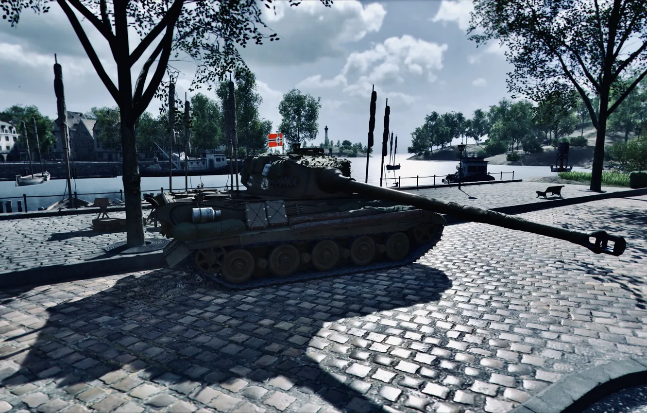 Фото обои HDR, Tiger, Water, Tank, Sea, World of Tanks, Tiger 2, Trees